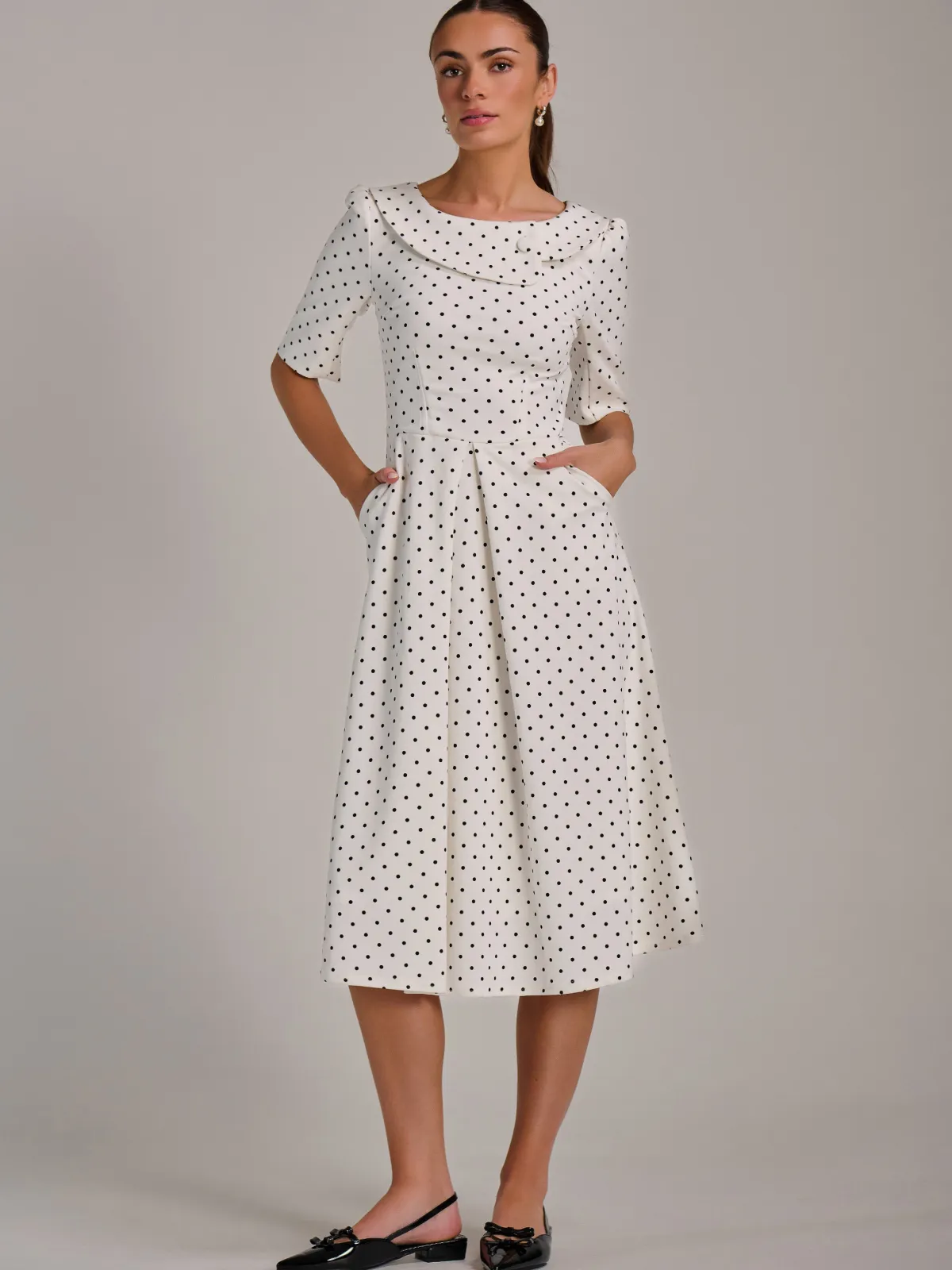 Jolie Moi Occasion Dresses|Party Dresses-Printed Scuba Fold Collar Midi Dress, White Polka Dot