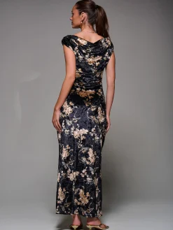 Jolie Moi Occasion Dresses|Floral Dresses-Printed Velvet Draped Maxi Dress, Black Floral