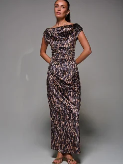 Jolie Moi Sleeveless Dresses|Velvet Dresses-Printed Velvet Draped Maxi Dress, Brown Animal