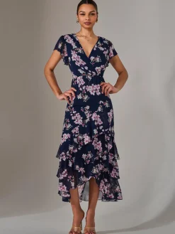 Jolie Moi Occasion Dresses|Maxi Dresses-Printed Wrap Ruffle Maxi Dress, Navy Floral