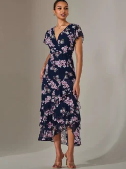 Jolie Moi Occasion Dresses|Maxi Dresses-Printed Wrap Ruffle Maxi Dress, Navy Floral