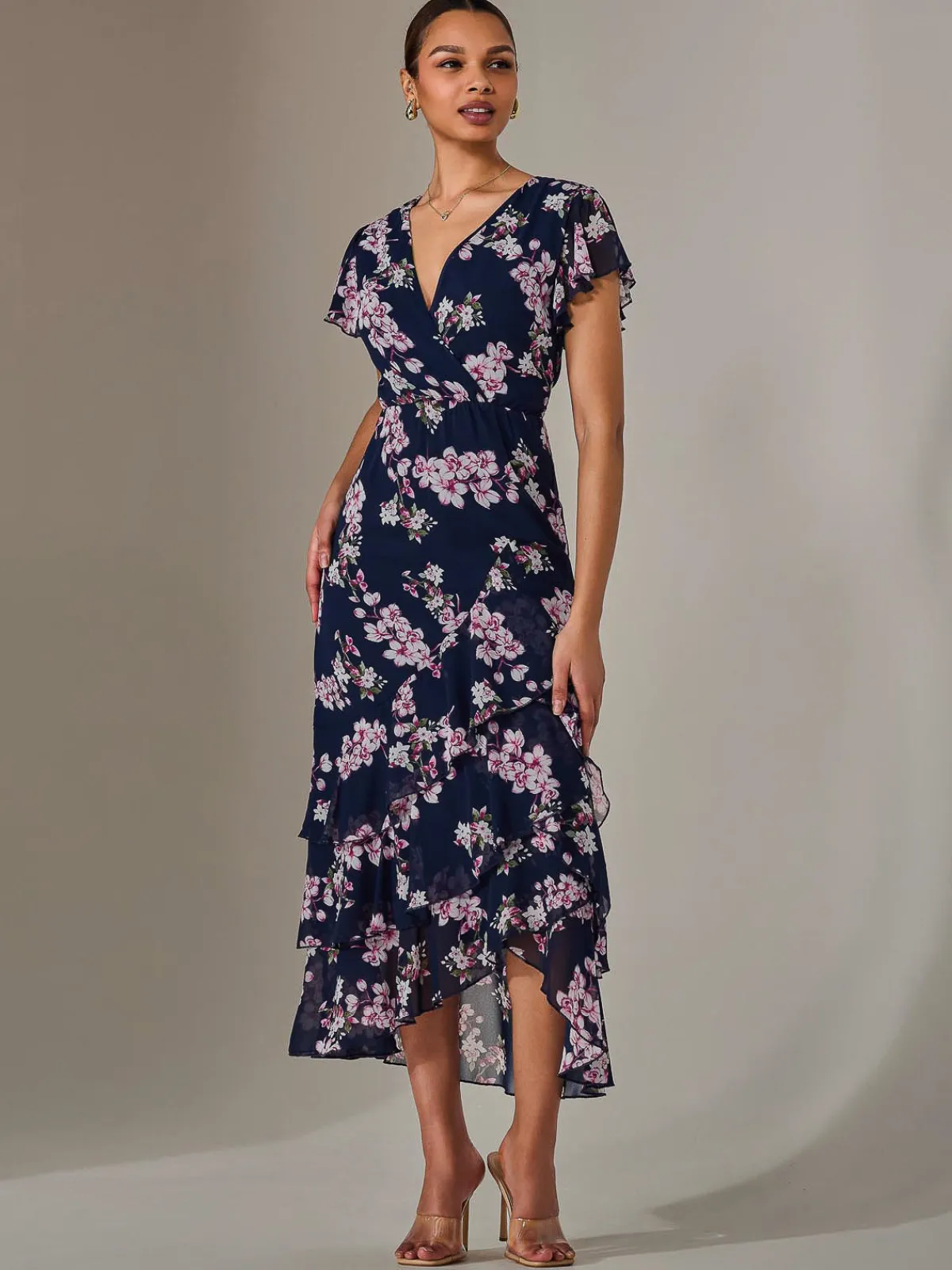 Jolie Moi Occasion Dresses|Maxi Dresses-Printed Wrap Ruffle Maxi Dress, Navy Floral