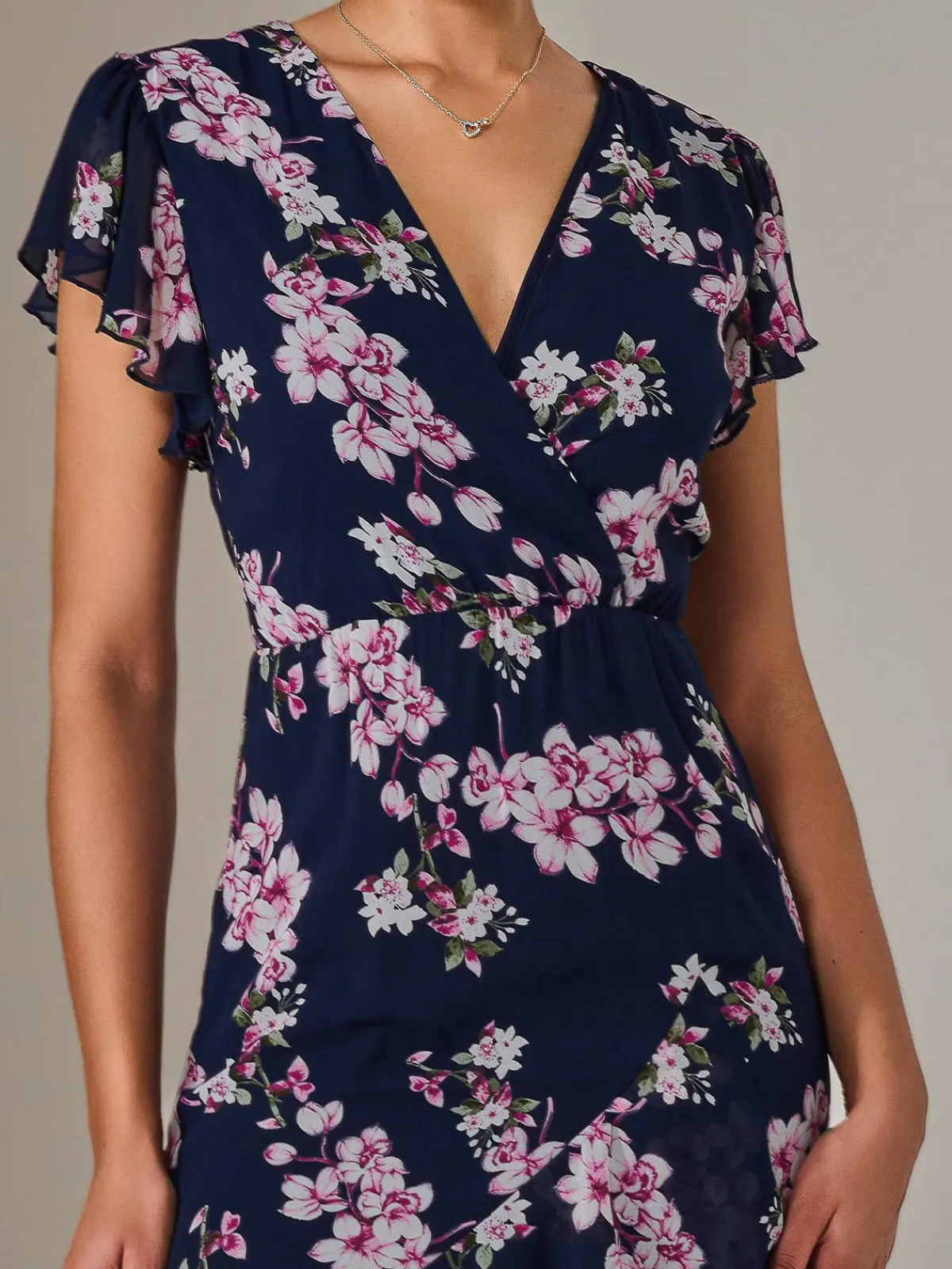 Jolie Moi Occasion Dresses|Maxi Dresses-Printed Wrap Ruffle Maxi Dress, Navy Floral