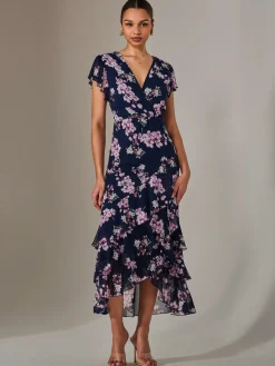 Jolie Moi Occasion Dresses|Maxi Dresses-Printed Wrap Ruffle Maxi Dress, Navy Floral