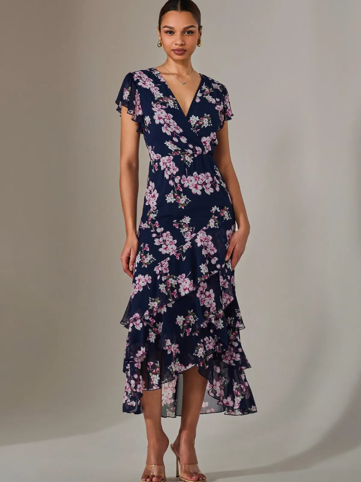 Jolie Moi Occasion Dresses|Maxi Dresses-Printed Wrap Ruffle Maxi Dress, Navy Floral