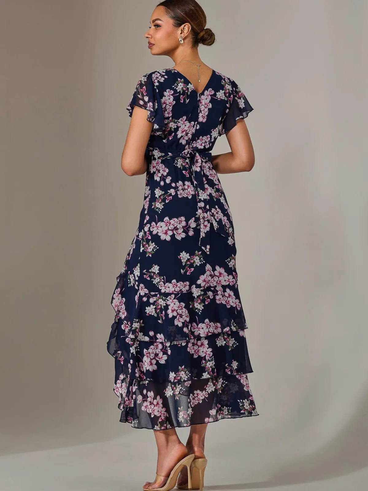 Jolie Moi Occasion Dresses|Maxi Dresses-Printed Wrap Ruffle Maxi Dress, Navy Floral