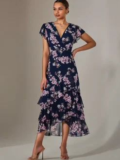 Jolie Moi Occasion Dresses|Maxi Dresses-Printed Wrap Ruffle Maxi Dress, Navy Floral