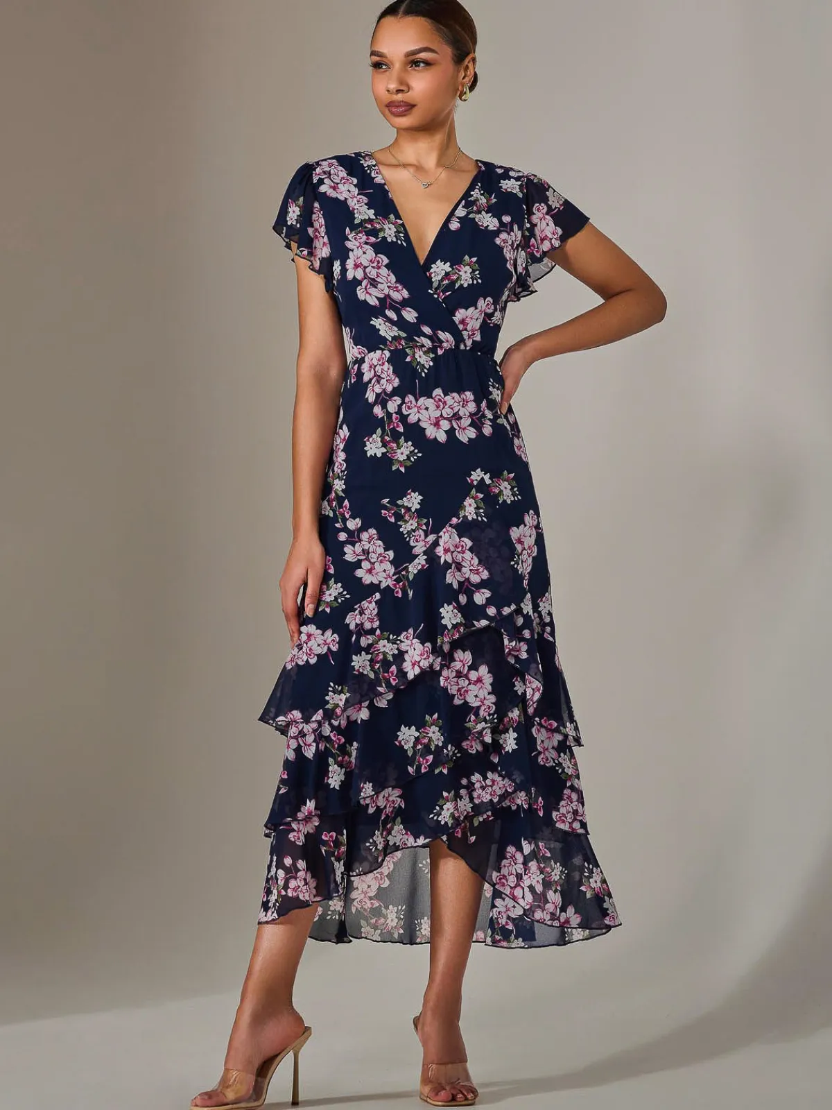 Jolie Moi Occasion Dresses|Maxi Dresses-Printed Wrap Ruffle Maxi Dress, Navy Floral