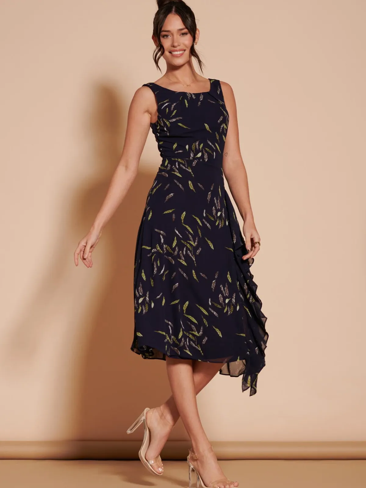 Jolie Moi Occasion Dresses|Sleeveless Dresses-Print Frill Hem Chiffon Midi Dress, Navy Multi