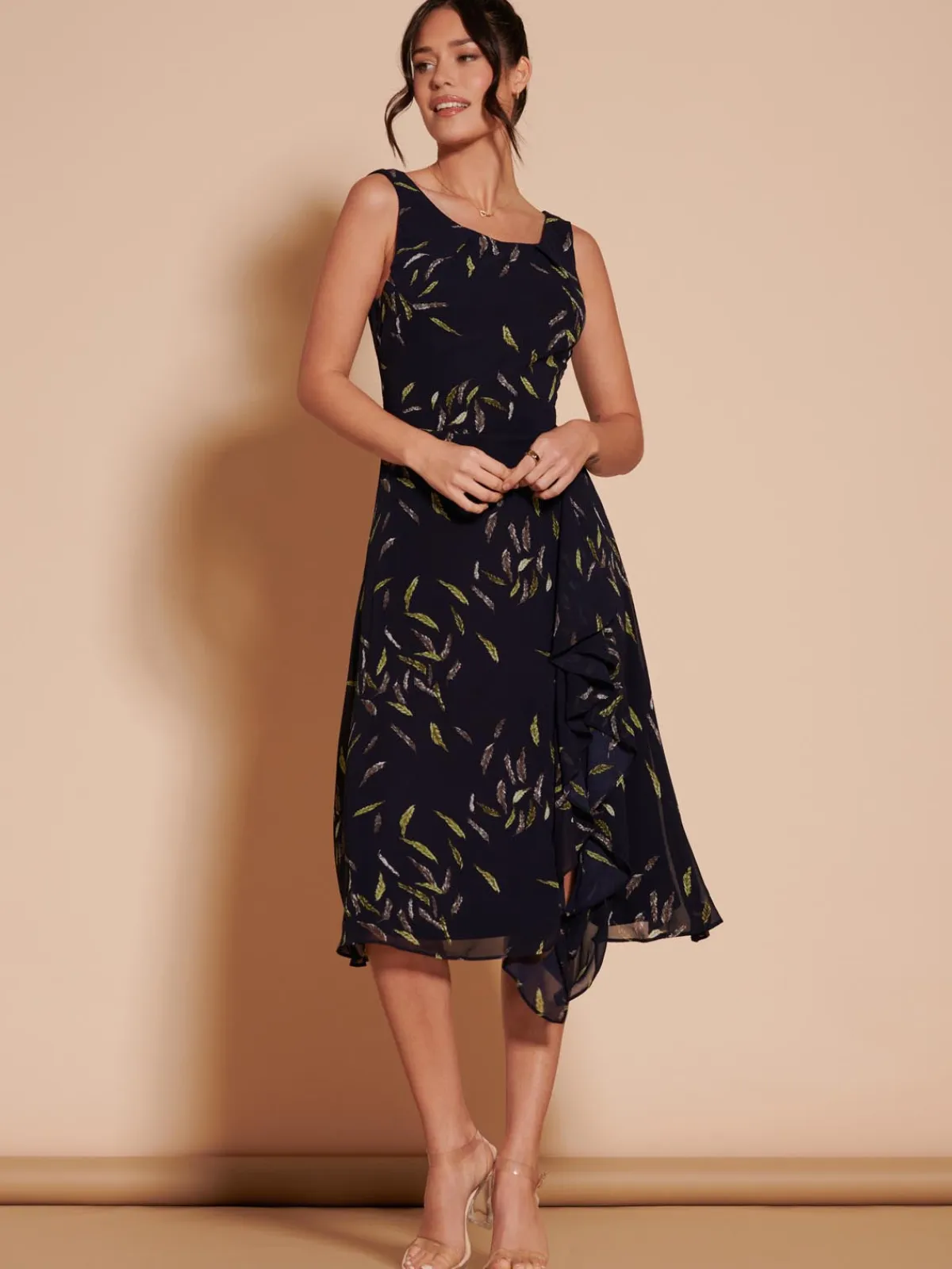 Jolie Moi Occasion Dresses|Sleeveless Dresses-Print Frill Hem Chiffon Midi Dress, Navy Multi