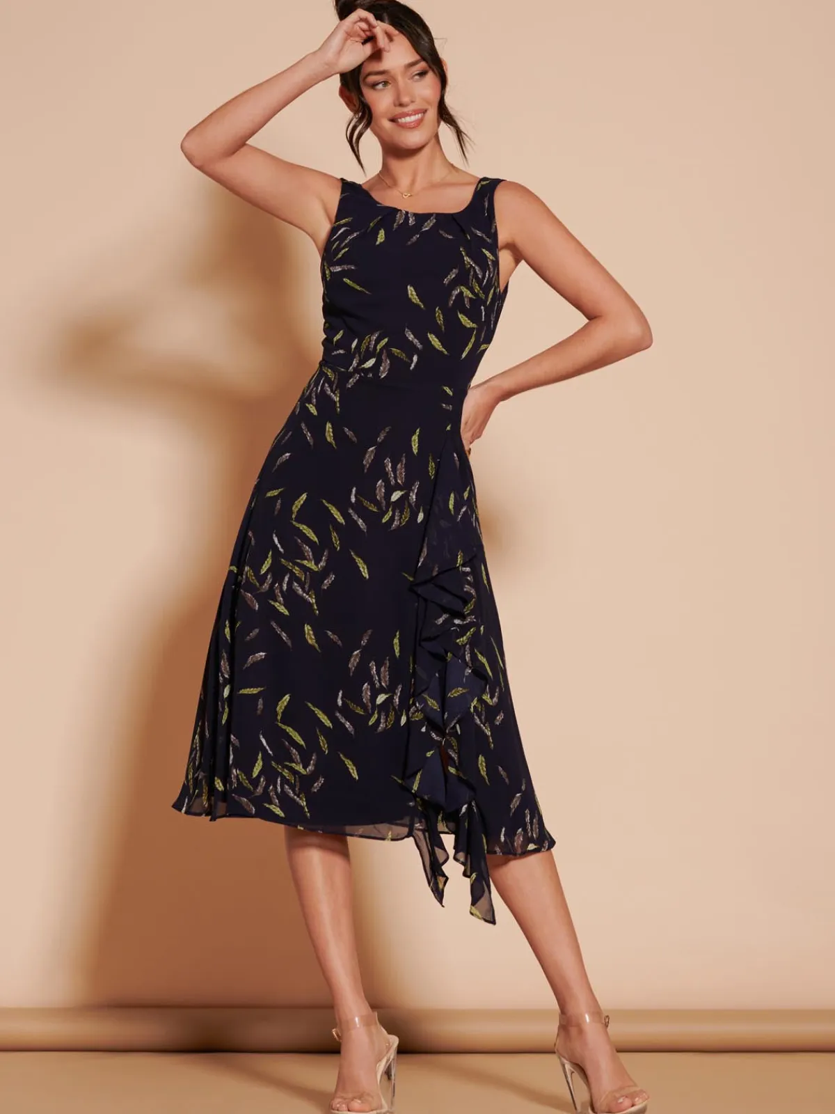 Jolie Moi Occasion Dresses|Sleeveless Dresses-Print Frill Hem Chiffon Midi Dress, Navy Multi