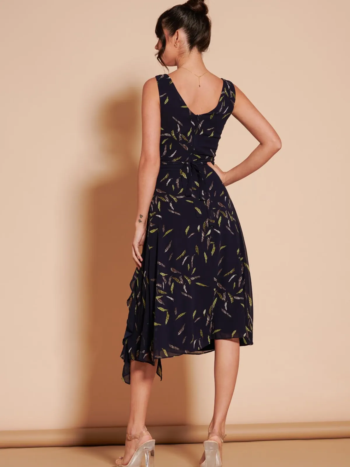 Jolie Moi Occasion Dresses|Sleeveless Dresses-Print Frill Hem Chiffon Midi Dress, Navy Multi