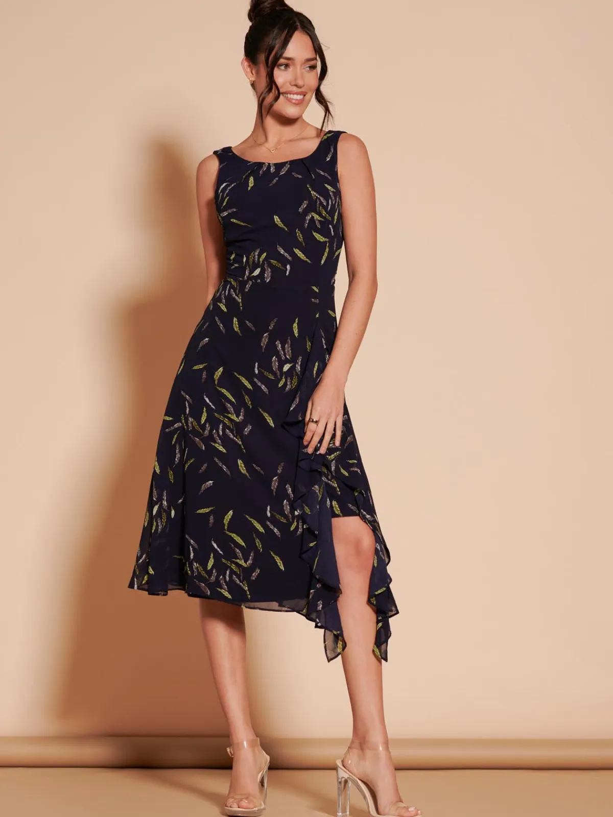 Jolie Moi Occasion Dresses|Sleeveless Dresses-Print Frill Hem Chiffon Midi Dress, Navy Multi