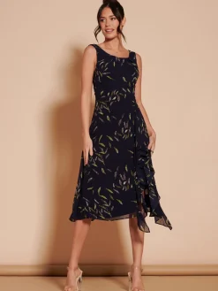 Jolie Moi Occasion Dresses|Sleeveless Dresses-Print Frill Hem Chiffon Midi Dress, Navy Multi