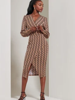 Jolie Moi Occasion Dresses|Jersey Dresses-Print Long Sleeve Jersey Pencil Dress, Black Geo