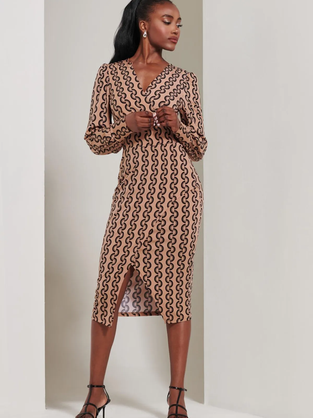 Jolie Moi Occasion Dresses|Jersey Dresses-Print Long Sleeve Jersey Pencil Dress, Black Geo