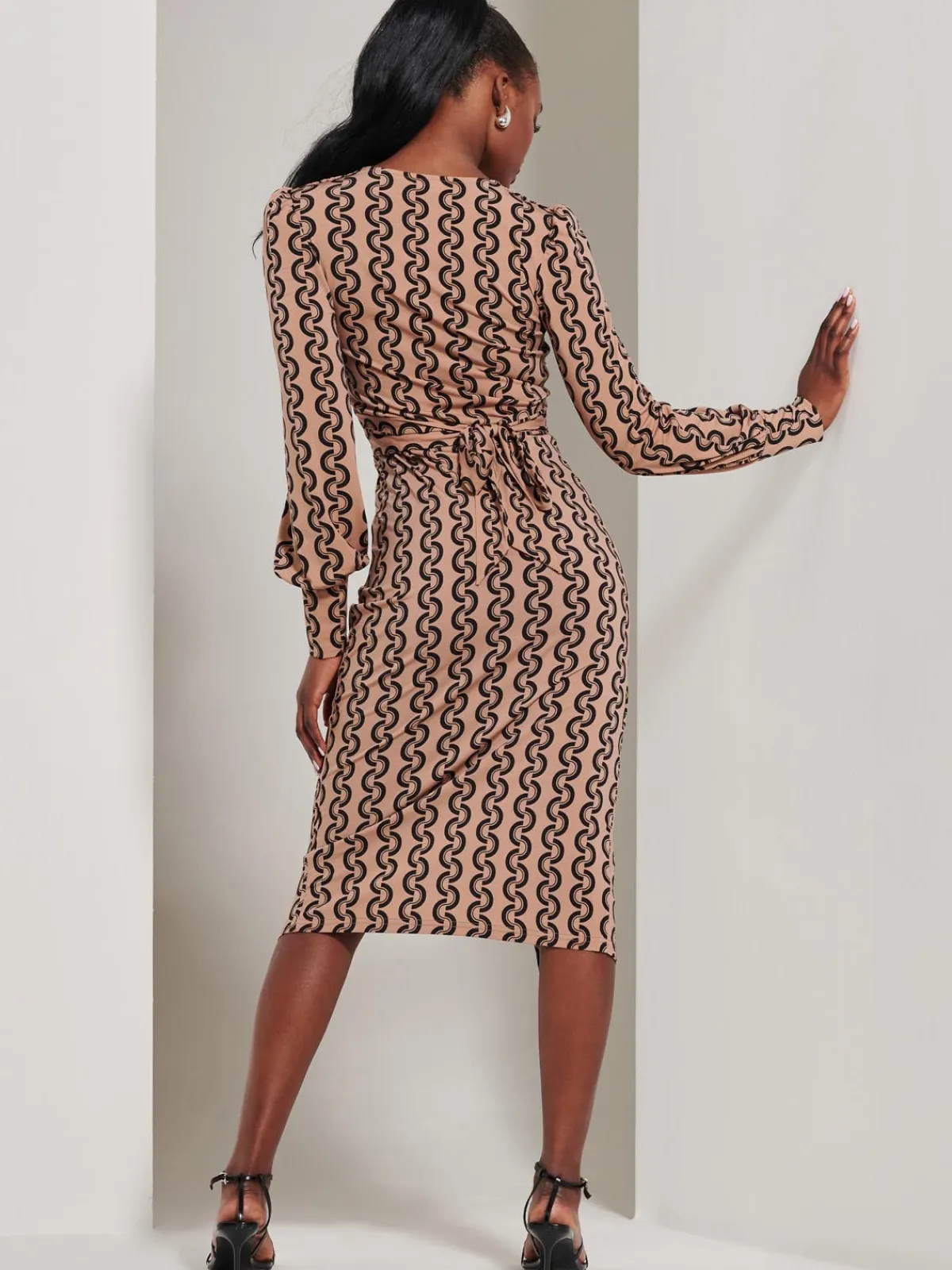 Jolie Moi Occasion Dresses|Jersey Dresses-Print Long Sleeve Jersey Pencil Dress, Black Geo