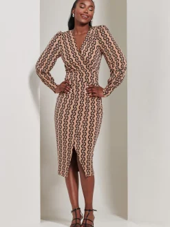 Jolie Moi Occasion Dresses|Jersey Dresses-Print Long Sleeve Jersey Pencil Dress, Black Geo