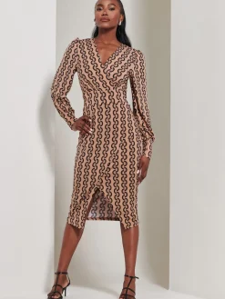 Jolie Moi Occasion Dresses|Jersey Dresses-Print Long Sleeve Jersey Pencil Dress, Black Geo