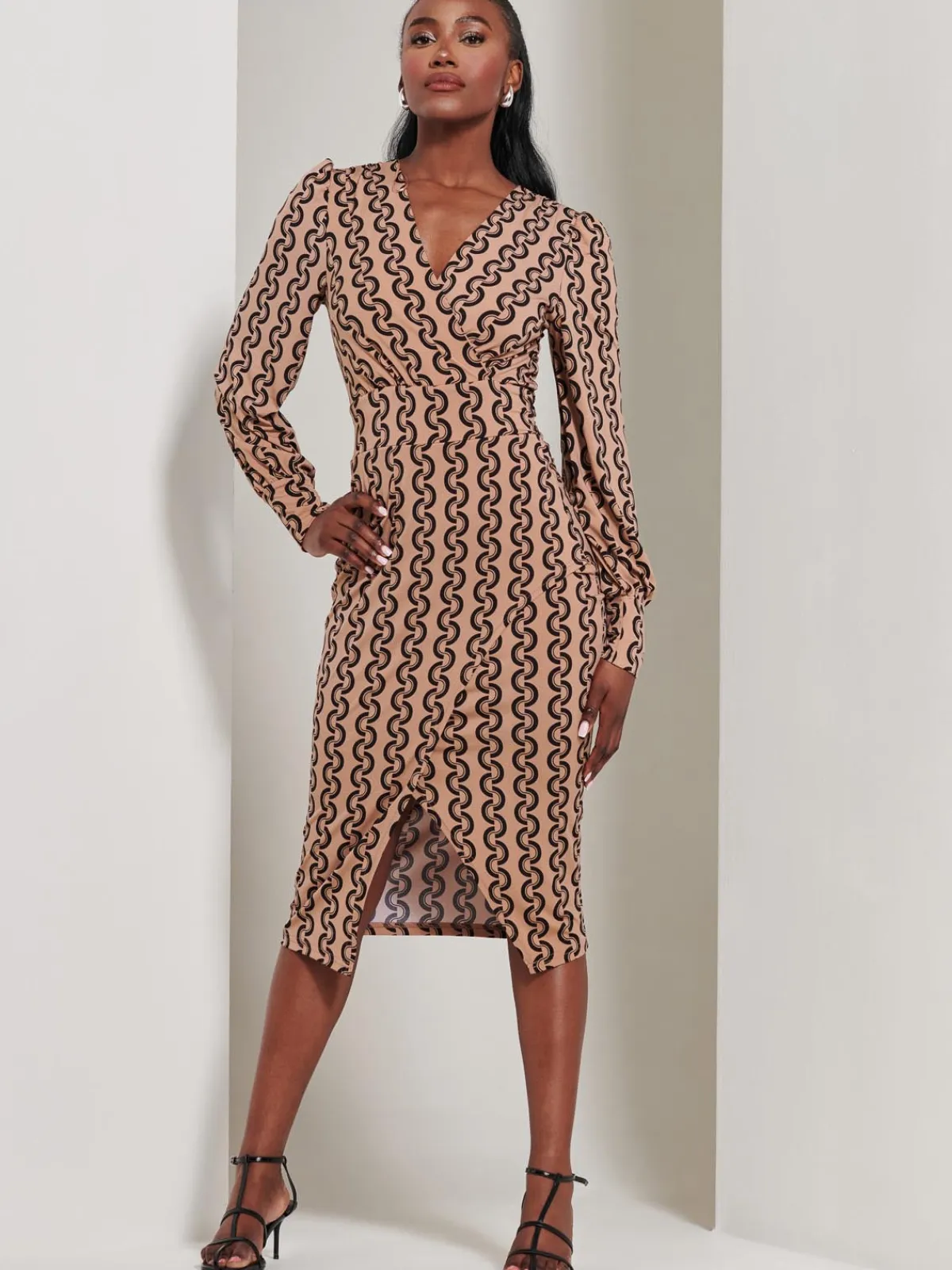 Jolie Moi Occasion Dresses|Jersey Dresses-Print Long Sleeve Jersey Pencil Dress, Black Geo