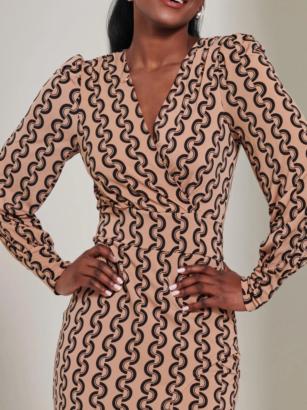 Jolie Moi Occasion Dresses|Jersey Dresses-Print Long Sleeve Jersey Pencil Dress, Black Geo