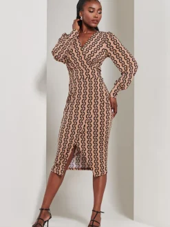Jolie Moi Occasion Dresses|Jersey Dresses-Print Long Sleeve Jersey Pencil Dress, Black Geo