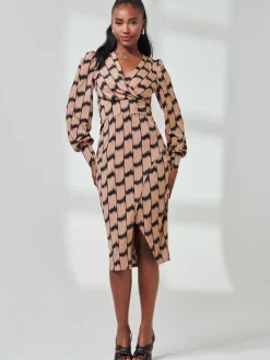Jolie Moi Occasion Dresses|Jersey Dresses-Print Long Sleeve Jersey Pencil Dress, Black/Stone