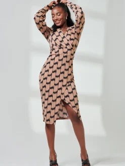 Jolie Moi Occasion Dresses|Jersey Dresses-Print Long Sleeve Jersey Pencil Dress, Black/Stone