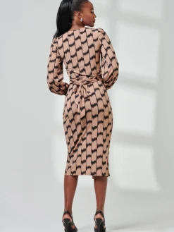 Jolie Moi Occasion Dresses|Jersey Dresses-Print Long Sleeve Jersey Pencil Dress, Black/Stone