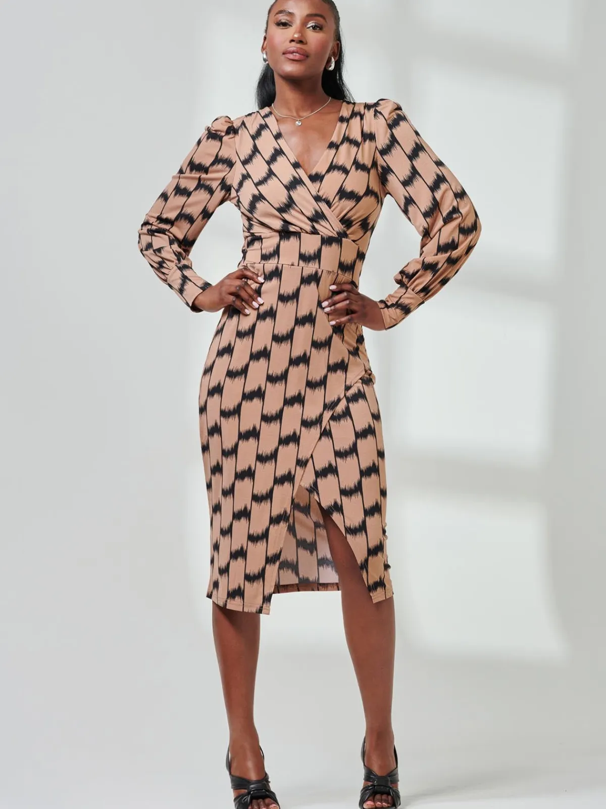 Jolie Moi Occasion Dresses|Jersey Dresses-Print Long Sleeve Jersey Pencil Dress, Black/Stone