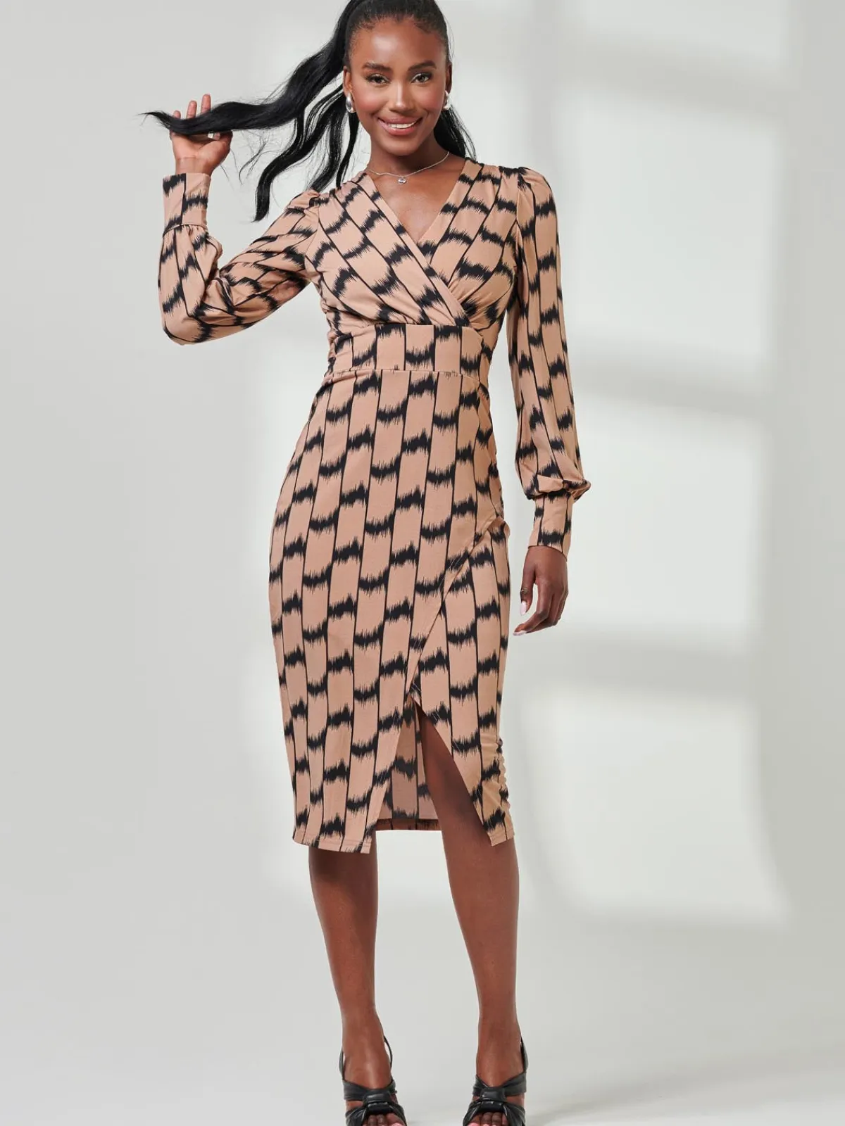 Jolie Moi Occasion Dresses|Jersey Dresses-Print Long Sleeve Jersey Pencil Dress, Black/Stone