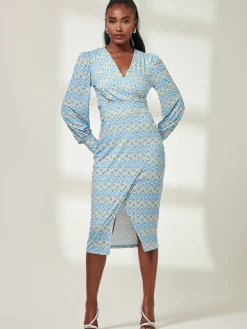 Jolie Moi Occasion Dresses|Jersey Dresses-Print Long Sleeve Jersey Pencil Dress, Blue Geo