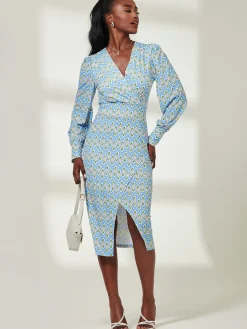 Jolie Moi Occasion Dresses|Jersey Dresses-Print Long Sleeve Jersey Pencil Dress, Blue Geo