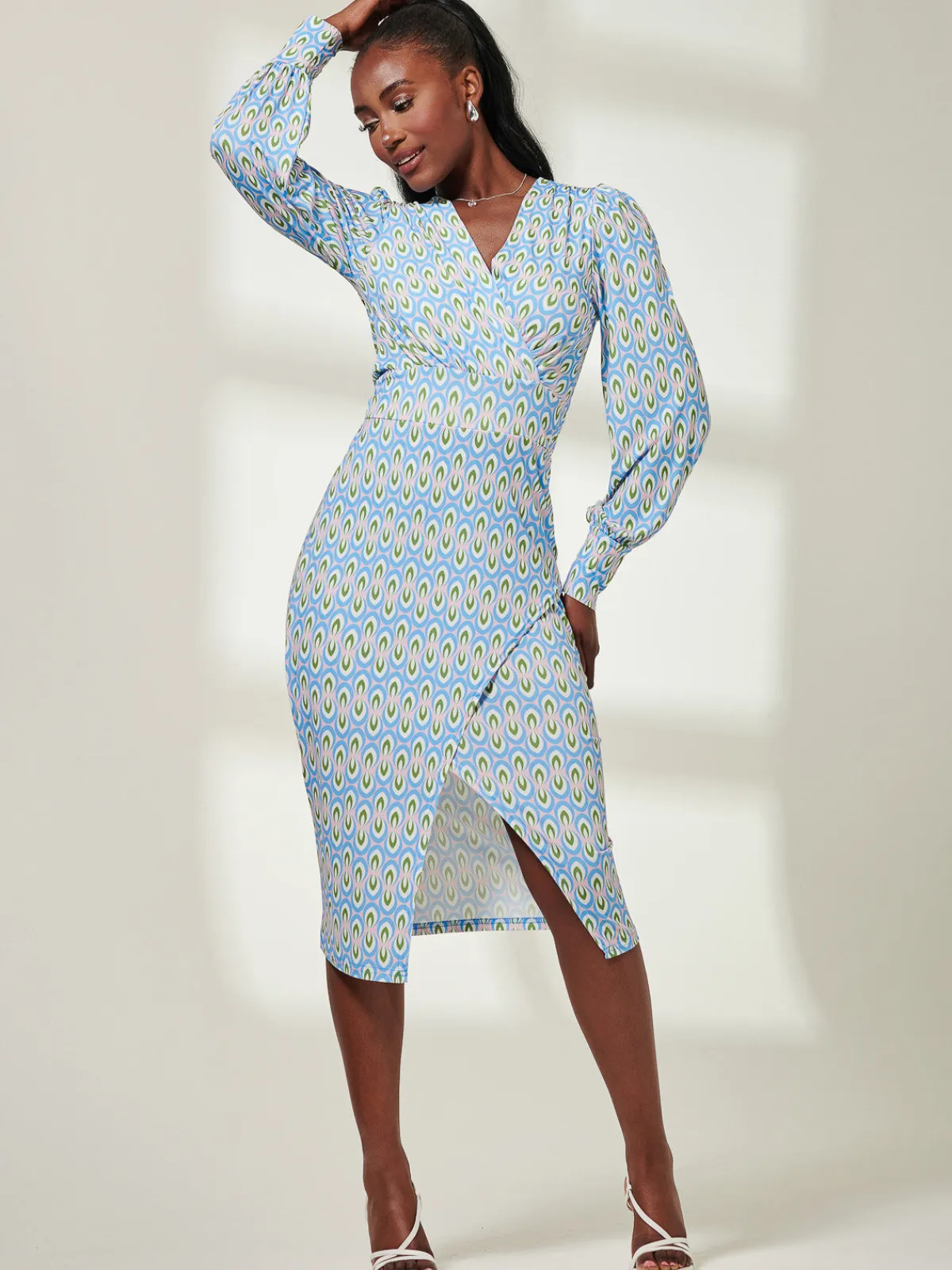 Jolie Moi Occasion Dresses|Jersey Dresses-Print Long Sleeve Jersey Pencil Dress, Blue Geo