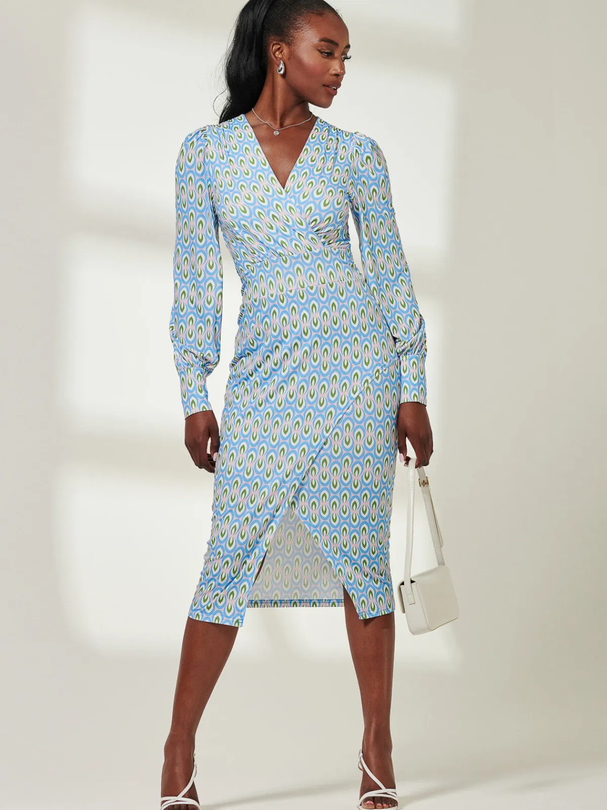 Jolie Moi Occasion Dresses|Jersey Dresses-Print Long Sleeve Jersey Pencil Dress, Blue Geo