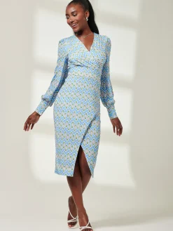 Jolie Moi Occasion Dresses|Jersey Dresses-Print Long Sleeve Jersey Pencil Dress, Blue Geo