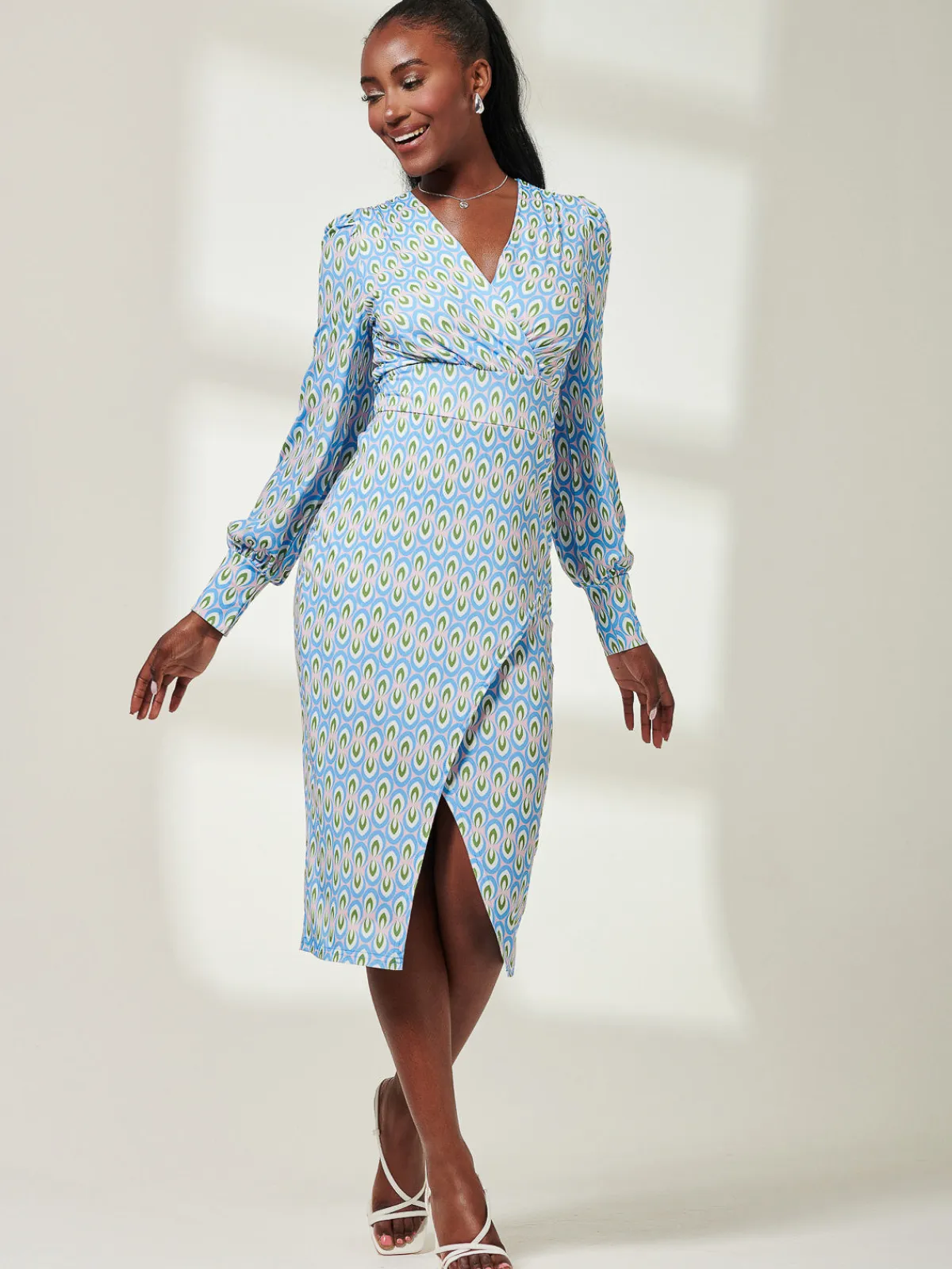 Jolie Moi Occasion Dresses|Jersey Dresses-Print Long Sleeve Jersey Pencil Dress, Blue Geo