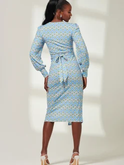 Jolie Moi Occasion Dresses|Jersey Dresses-Print Long Sleeve Jersey Pencil Dress, Blue Geo