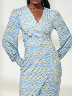Jolie Moi Occasion Dresses|Jersey Dresses-Print Long Sleeve Jersey Pencil Dress, Blue Geo