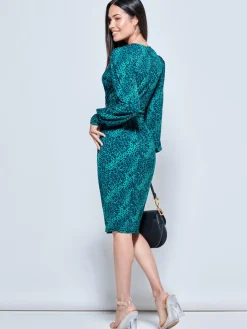 Jolie Moi Occasion Dresses|Jersey Dresses-Print Long Sleeve Jersey Work Dress, Green Animal