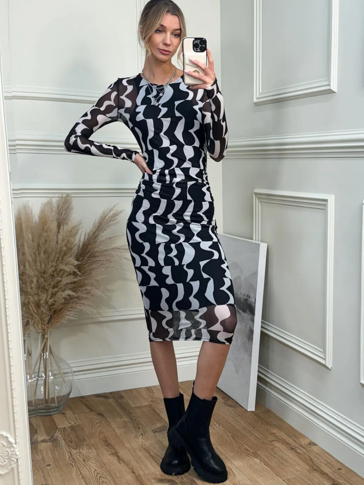 Jolie Moi Occasion Dresses|Mesh Dresses-Print Long Sleeve Mesh Bodycon Dress, Black Pattern