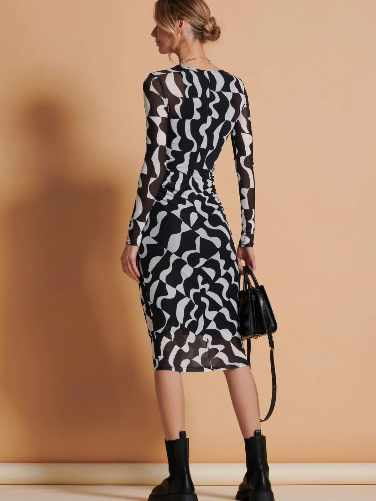 Jolie Moi Occasion Dresses|Mesh Dresses-Print Long Sleeve Mesh Bodycon Dress, Black Pattern