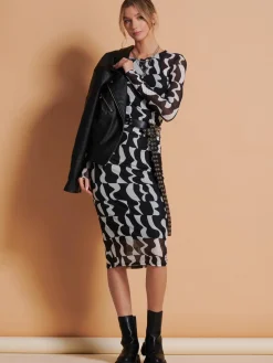 Jolie Moi Occasion Dresses|Mesh Dresses-Print Long Sleeve Mesh Bodycon Dress, Black Pattern