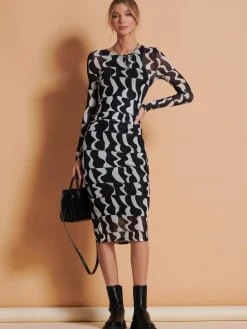 Jolie Moi Occasion Dresses|Mesh Dresses-Print Long Sleeve Mesh Bodycon Dress, Black Pattern