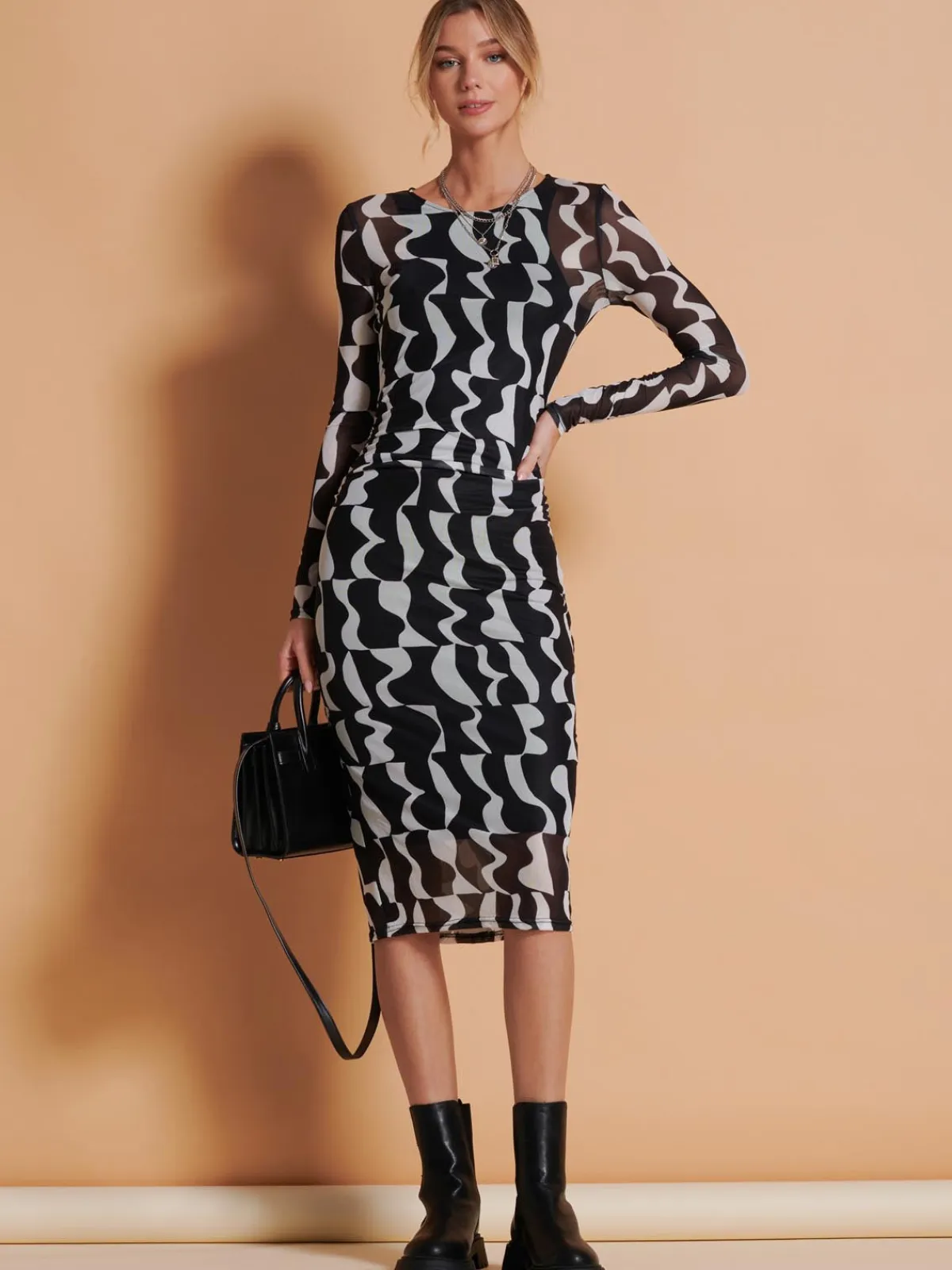 Jolie Moi Occasion Dresses|Mesh Dresses-Print Long Sleeve Mesh Bodycon Dress, Black Pattern