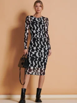 Jolie Moi Occasion Dresses|Mesh Dresses-Print Long Sleeve Mesh Bodycon Dress, Black Pattern