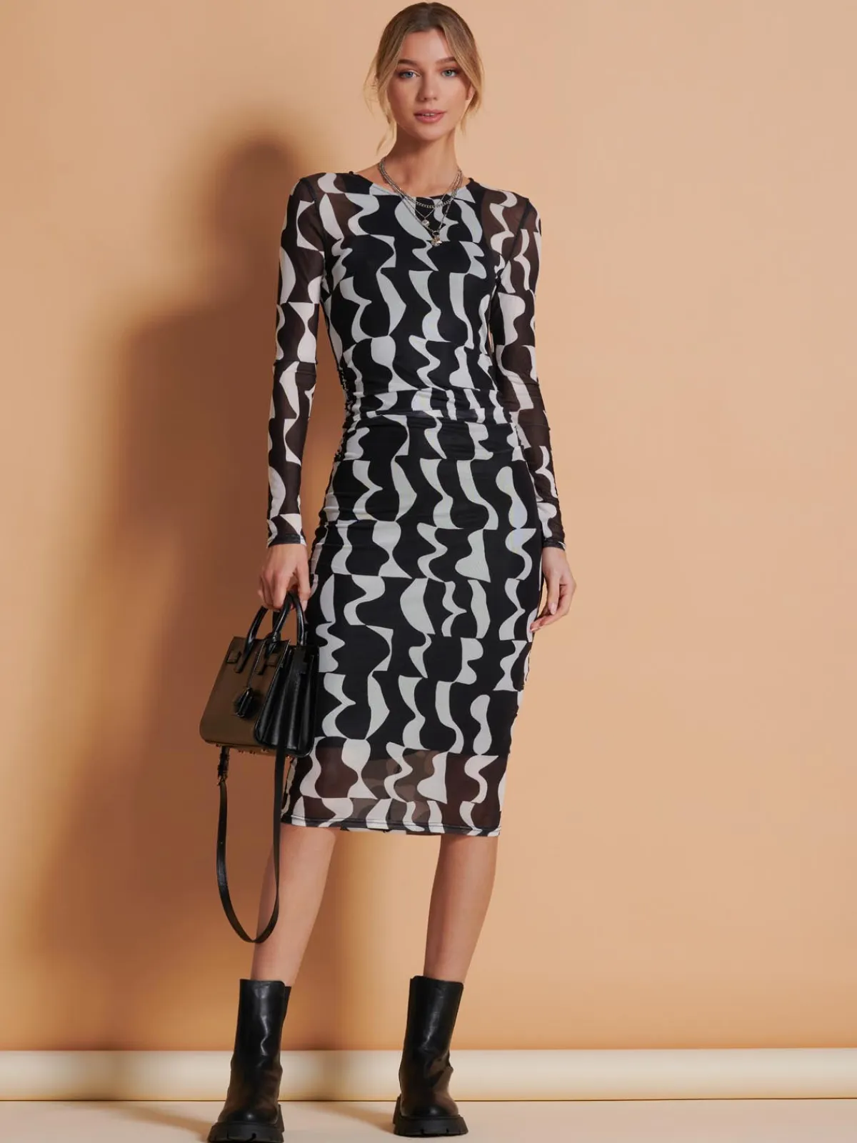 Jolie Moi Occasion Dresses|Mesh Dresses-Print Long Sleeve Mesh Bodycon Dress, Black Pattern