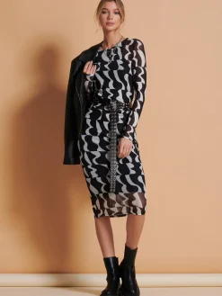 Jolie Moi Occasion Dresses|Mesh Dresses-Print Long Sleeve Mesh Bodycon Dress, Black Pattern