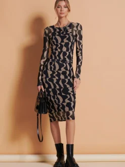Jolie Moi Occasion Dresses|Mesh Dresses-Print Long Sleeve Mesh Bodycon Dress, Brown Pattern