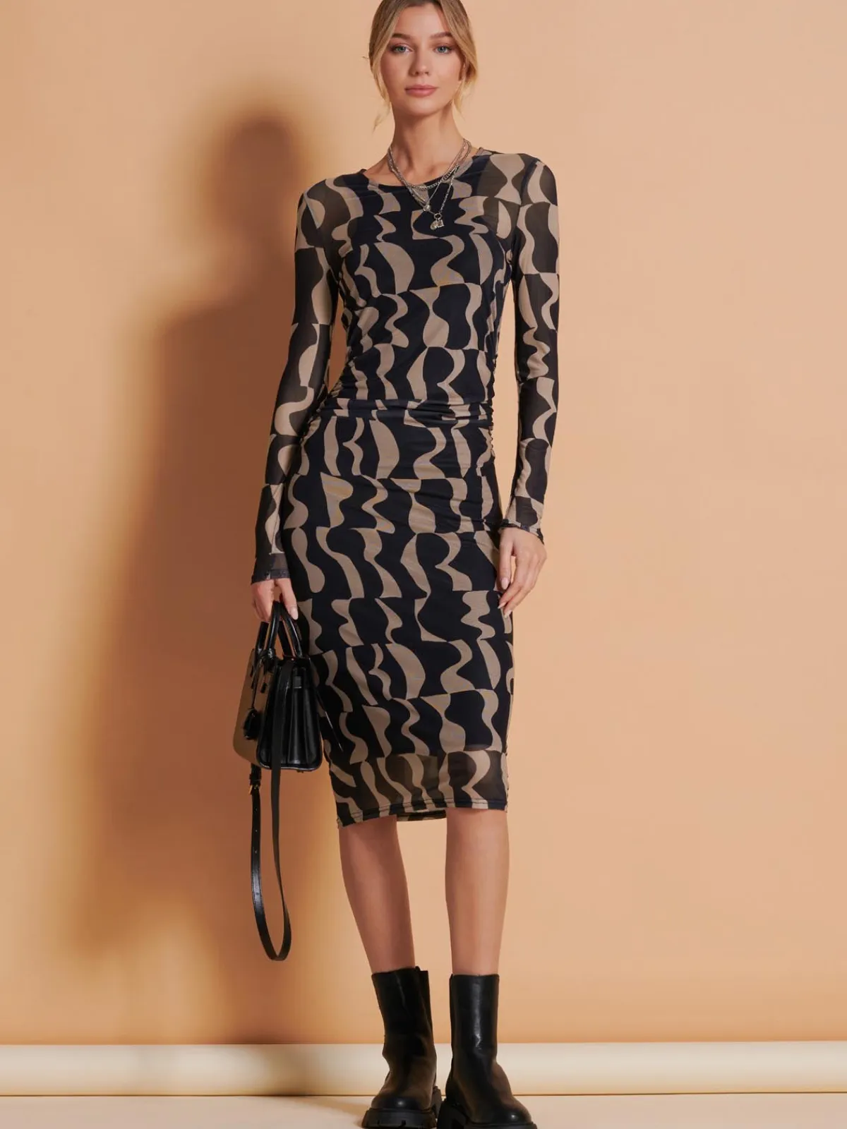 Jolie Moi Occasion Dresses|Mesh Dresses-Print Long Sleeve Mesh Bodycon Dress, Brown Pattern
